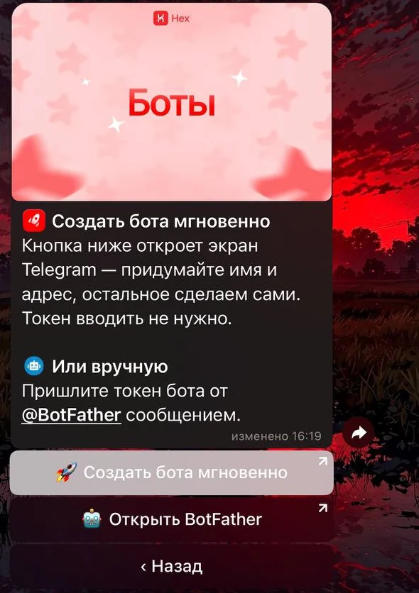Экран «Создать бота мгновенно» в боте франшизы: кнопка создания без токена и вариант с токеном от BotFather